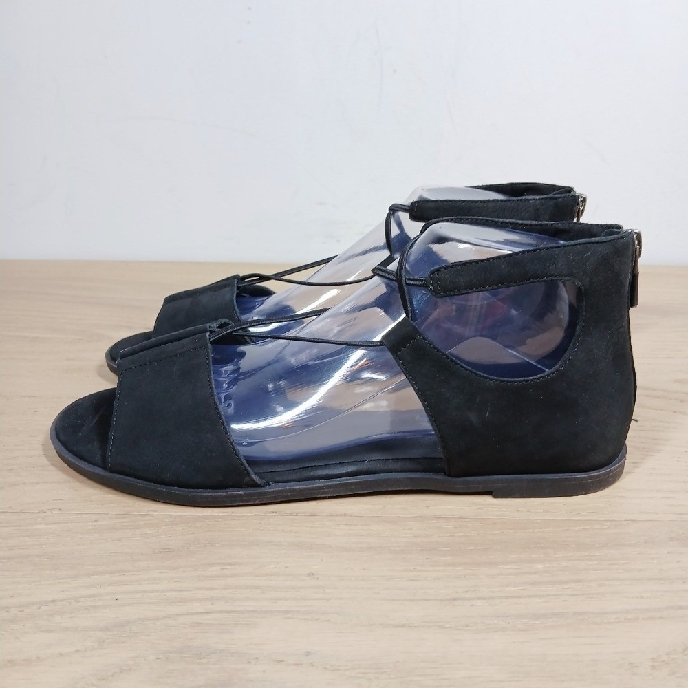 Eileen Fisher Black Leather Crisscross Ankle Strap Zip Flat Sandals